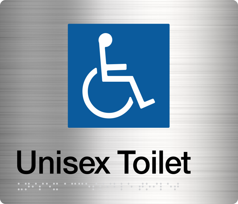 Stainless steel unisex accessible toilet sign with raised wheelchair pictogram and braille