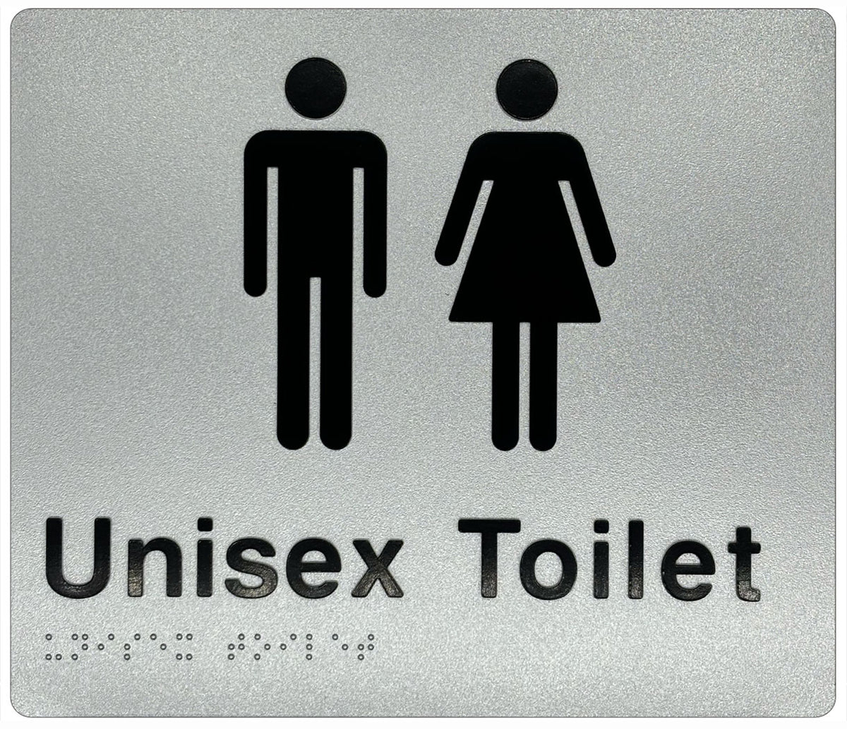 Unisex toilet sign with male and female pictograms, raised tactile text and braille on silver-coated plastic